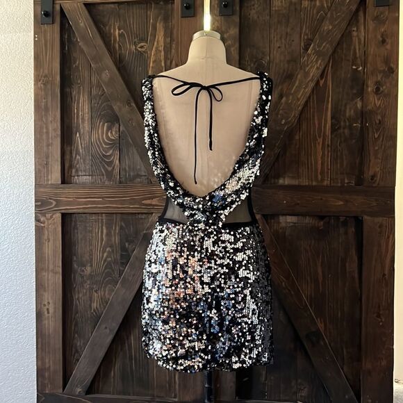 Masquerade sequin cut out mesh cocktail party mini dress Sz-3/4 - Picture 4 of 9